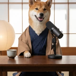 Daikichi, a Shiba dog in a kimono, at a podcast microphone